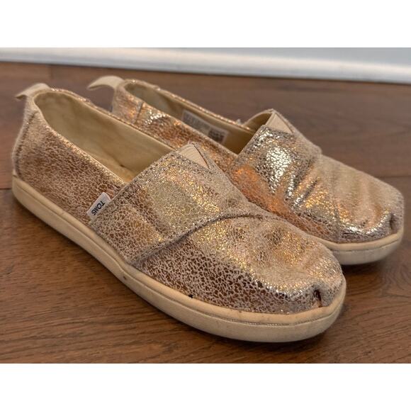 TOMS Alpargata Espadrille Slip On Loafer Flat Rose Gold Crackle Foil Girl's 11 - Picture 1 of 9